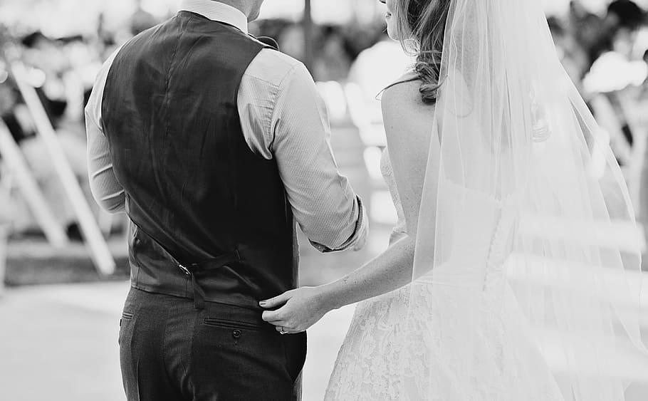 grayscale photography, newlywed couple, people, man, woman, couple, marriage, wedding, event, formal