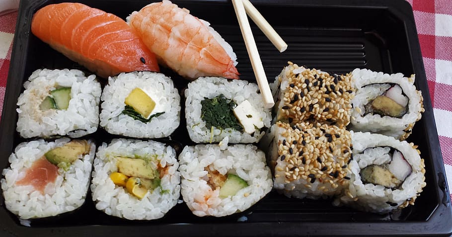 salmon, sushi dish, sushi, sushi box, asia, fish, rice, food, raw, roll