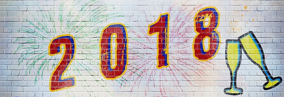 2018, painted, white, wall, new year's eve, new year's day, turn of the year, title image, graffiti, fireworks