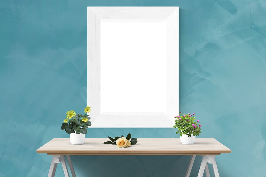 two, potted, petaled flowers, white, vases, top, brown, wooden, table, poster