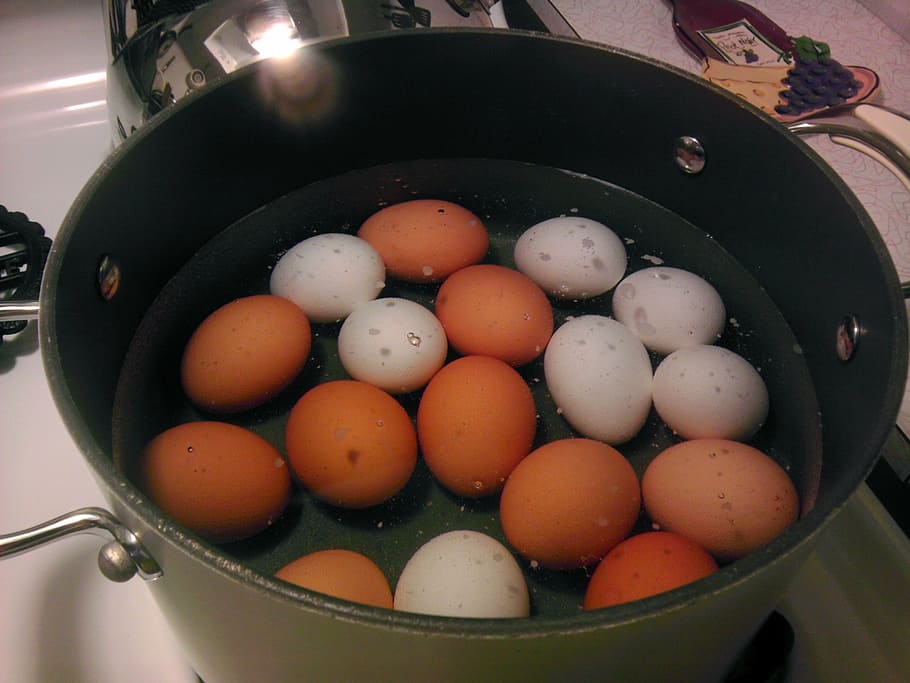 boiling, eggs, cooking, breakfast, cooking pan, egg, frying pan, stove, fried, food and drink