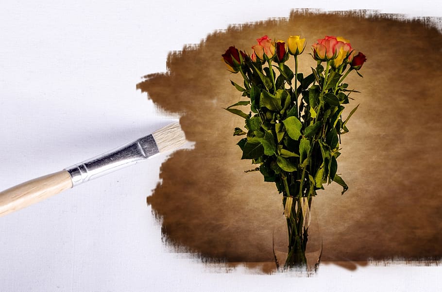 paintbrush, flowers, floral, yellow, field, wheat, art, canvas, dom, drawing