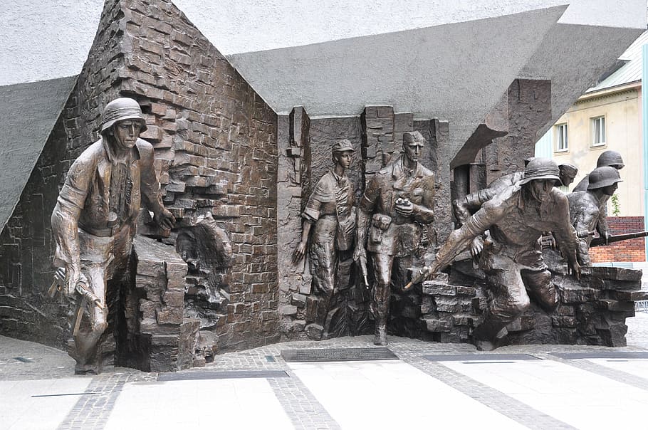 group, soldier statue, concrete, wall, poland, warsaw, warsaw uprising, monument, art and craft, sculpture