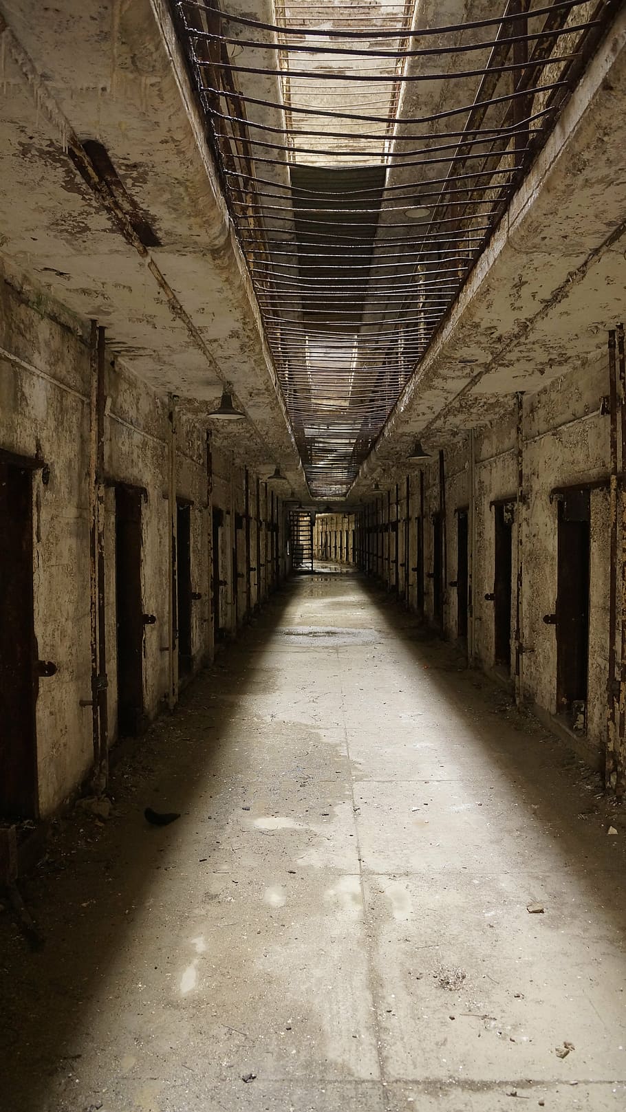 brown building interior, jail, prison, ruin, doors, old, penitentiary, historic, derelict, history