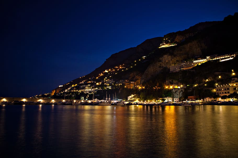 kota amalfi, Garis Pantai, kota, Pantai Amalfi, Italia, alam, pantai, eropa, lampu, malam
