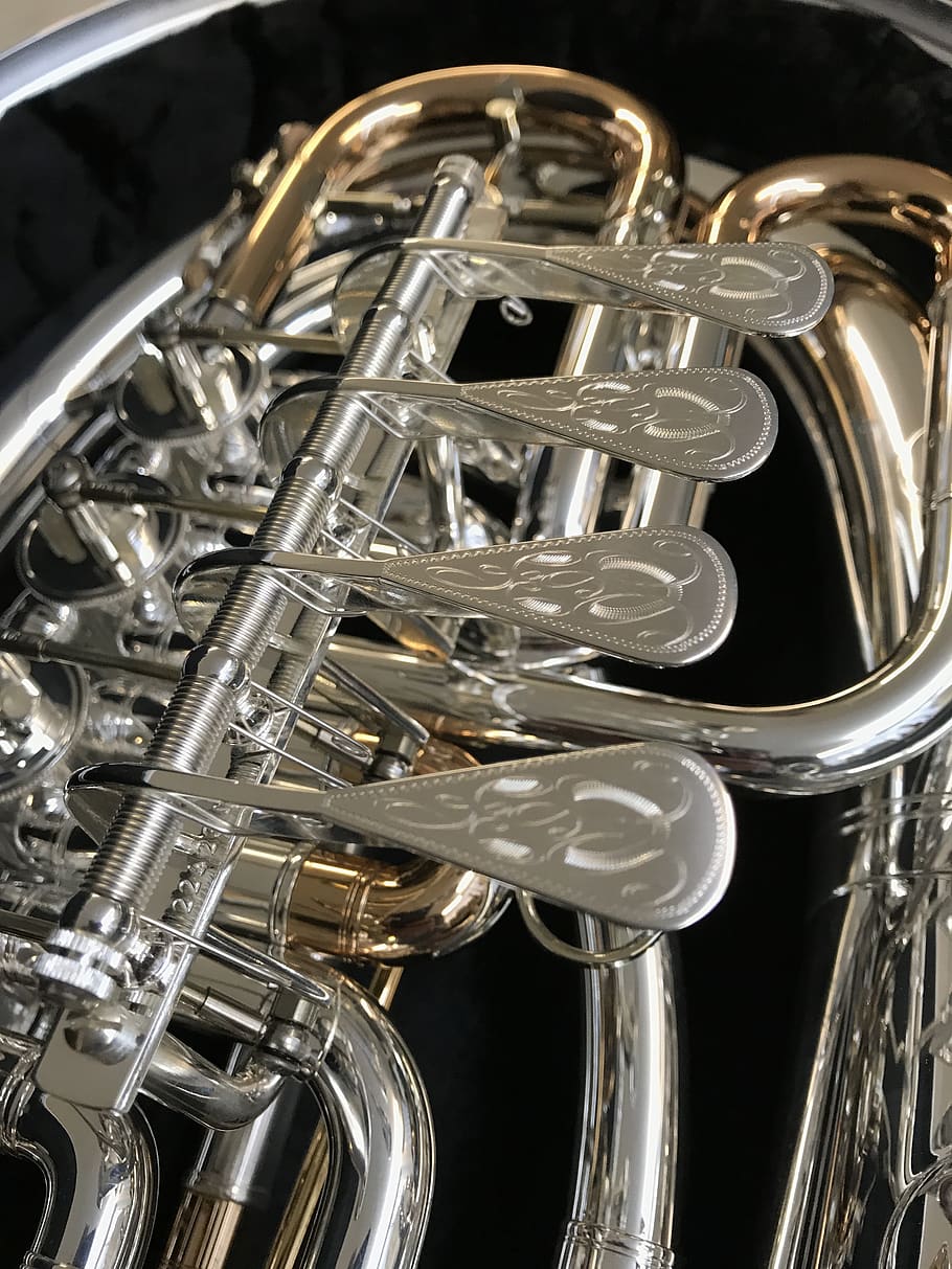 cornet, brass, instrument, equipment, chrome, horn, tenor horn, musical instrument, close up, brass instrument