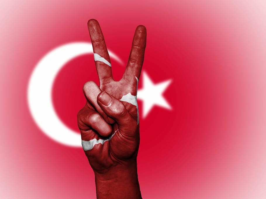 persona, señalización de paz, turco, paz, mano, nación, fondo, bandera, colores, país