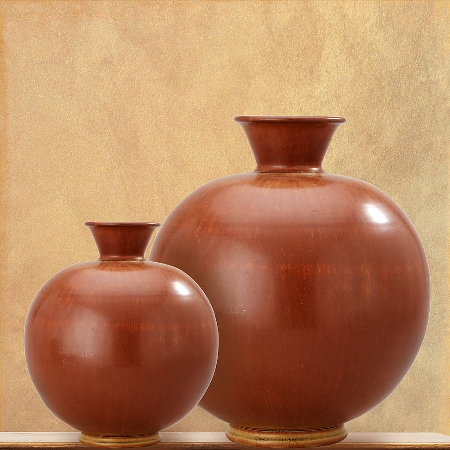 vases, ceramic, trim, brown, still life, indoors, container, close-up, table, wall - building feature