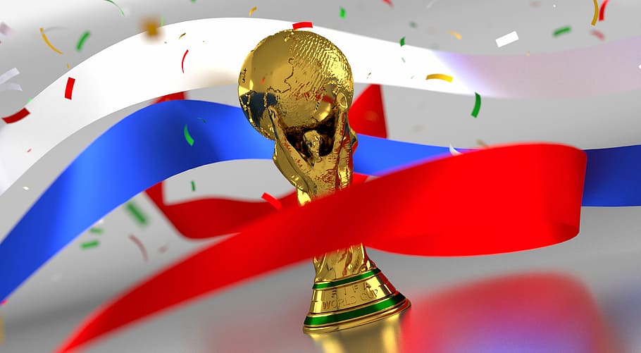 gold-colored trophy, surrounded, white, blue, red, ribbons, trophy, soccer, russia, football
