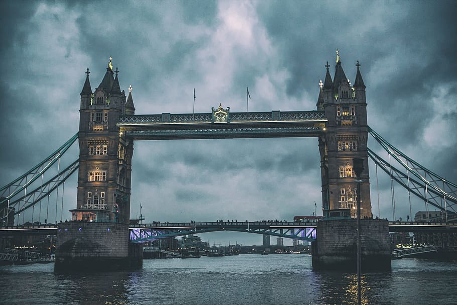 wide, angle shot, dusk, grey, day, Wide angle, shot, Tower Bridge, London, grey day