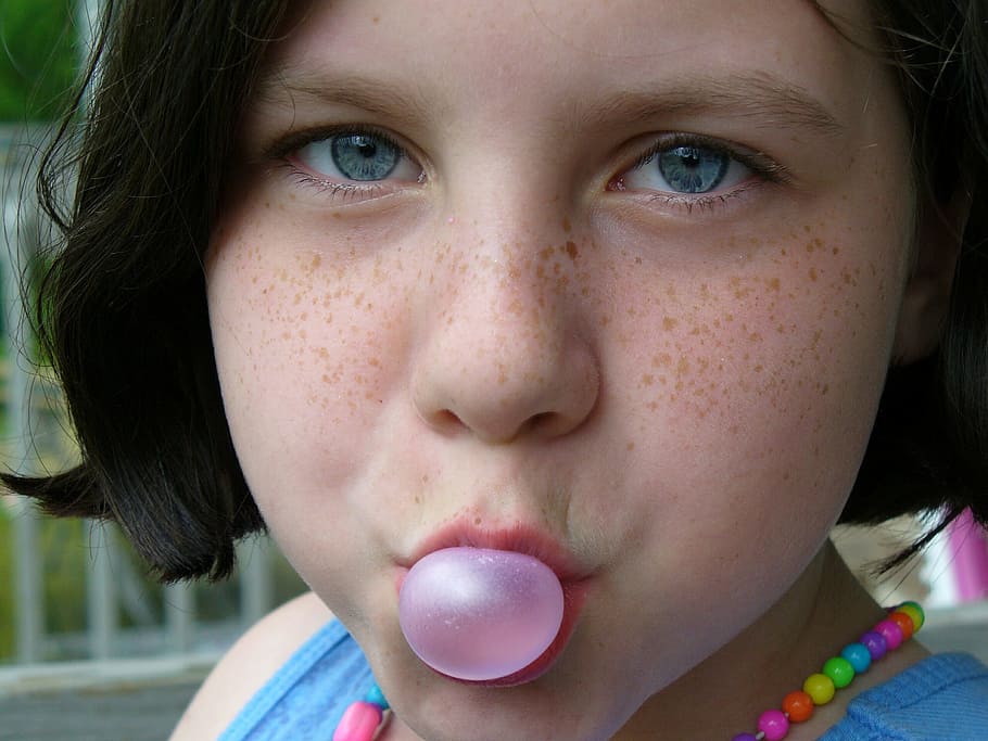 girl, playing, bubblegum, portrait, face, freckles, bubble gum, cute, child, fun
