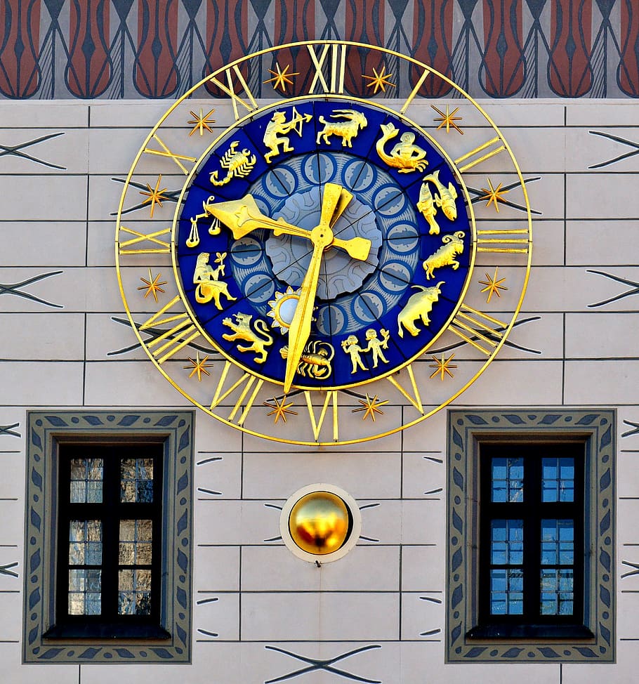 round, gold-colored, analog, wall, clock, clock tower, toy museum, marienplatz, munich, time