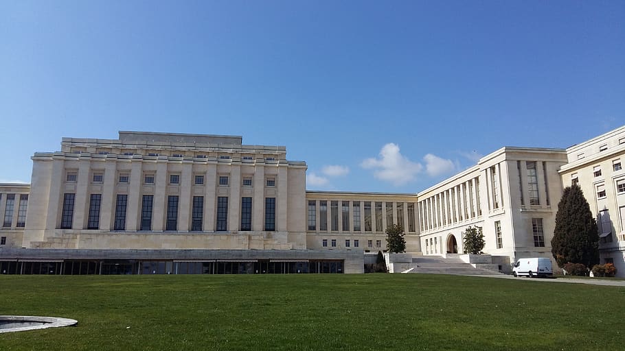 un, united nations, geneva, building exterior, architecture, built structure, sky, grass, nature, learning