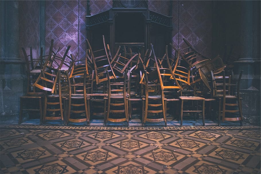 brown, wooden, chair lot, assorted, chair, lots, chairs, stacked, architecture, day
