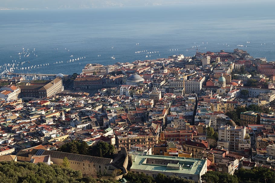 Napoli, Italia, kota, panorama, siluet terhadap langit, perjalanan, tengara, Area kota, gunung, eksterior bangunan