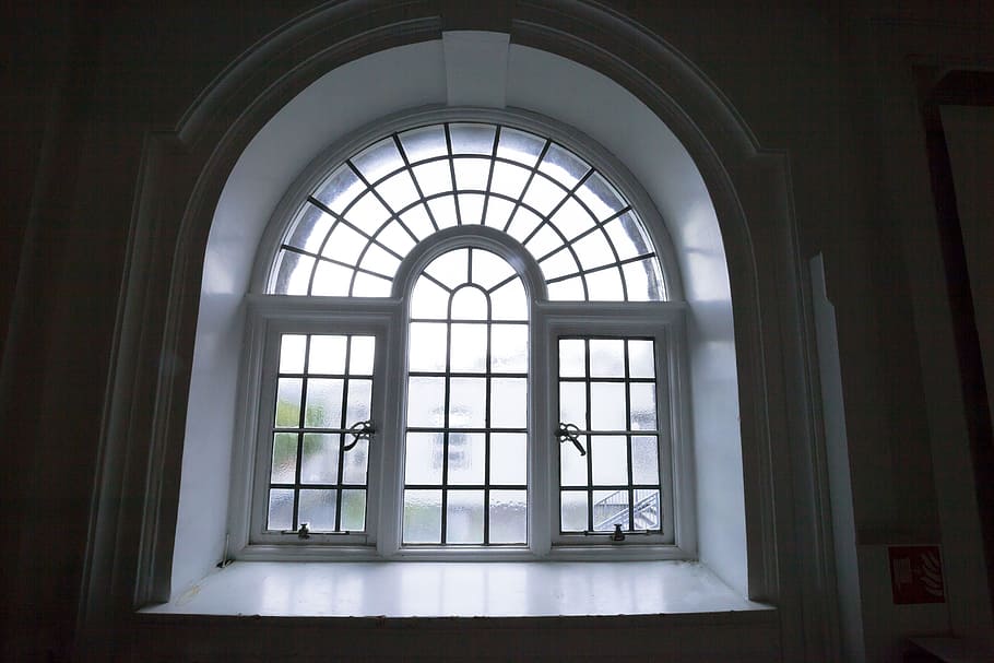 white, framed, clear, glass window, glass, window, old, antique, round arch, half circle
