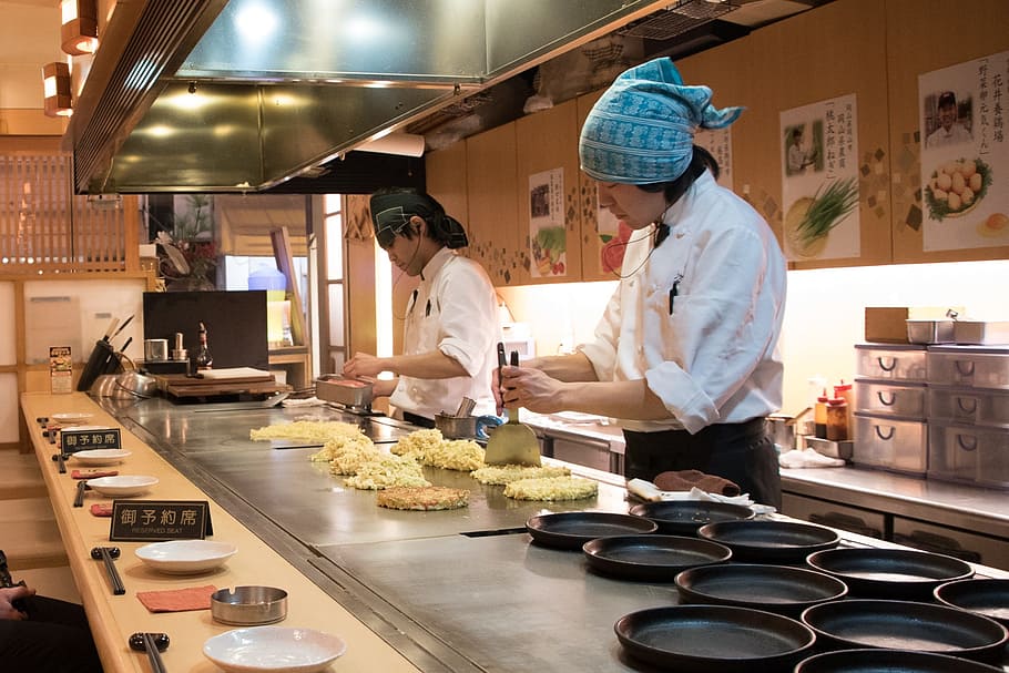 two, man cooking, commercial, griddle, Okonomiyaki, Japanese, Japan, Food, asian, cuisine