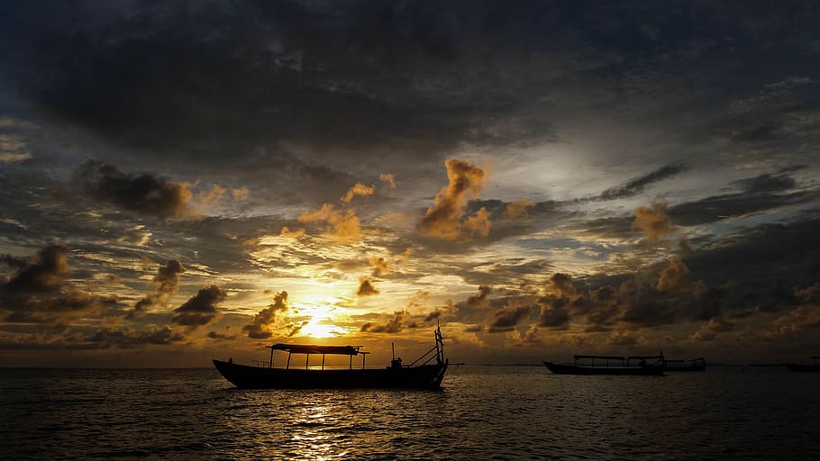 silhouette, boat, golden, hour background, cambodia, asia, sihanoukville, sea, beach, clouds