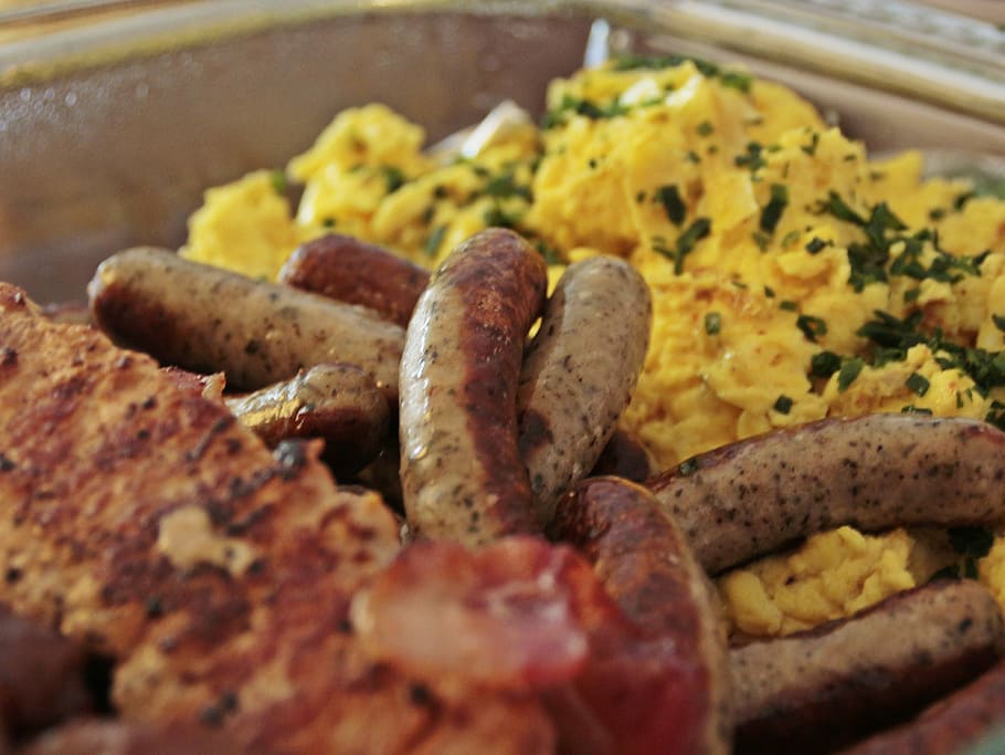 cooked, scrambled, eggs, sausages, sausage, bratwurst, food, eat, grill sausage, delicious
