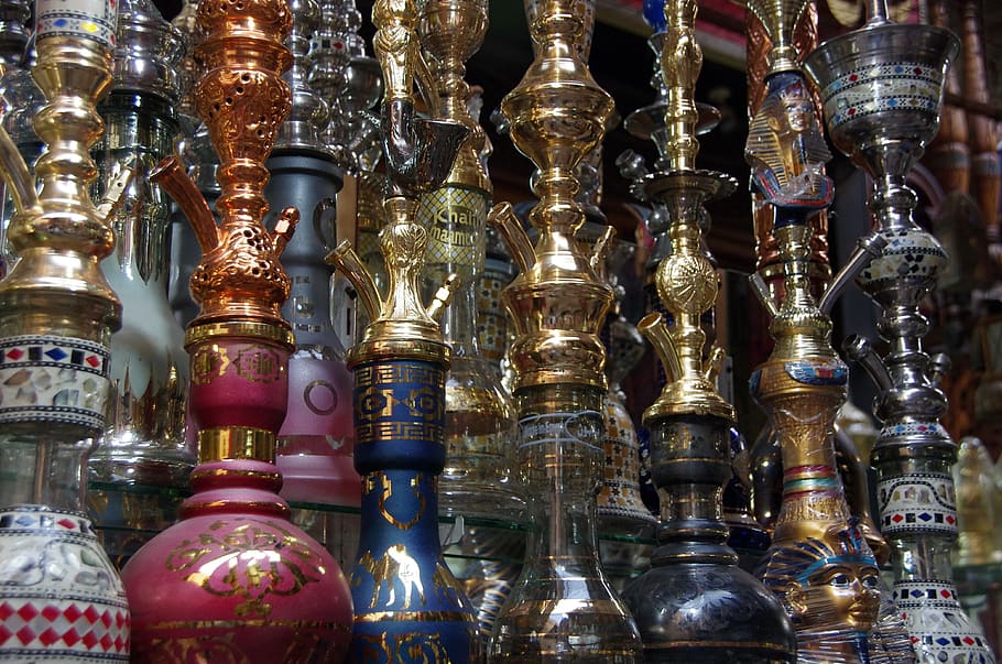 egypt, cairo, khan el kalili, bazaar, shisha, copper, brass, metal, brilliant, large group of objects
