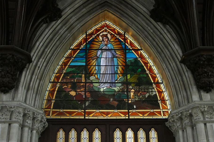 church, window, stained glass, brandschildering, religion, maria, madonna, plombières, france, built structure