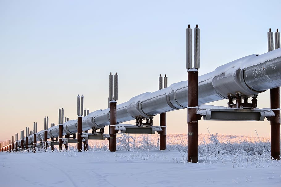 silver, black, steel container, winter, alaska, pipeline, oil, snow, structure, landscape