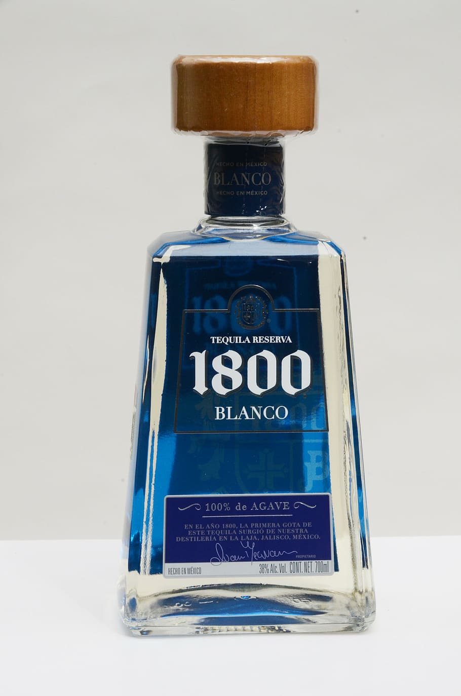 tequila 1800, white tequila, premium tequila, bottle, alcohol, drink, communication, text, blue, still life