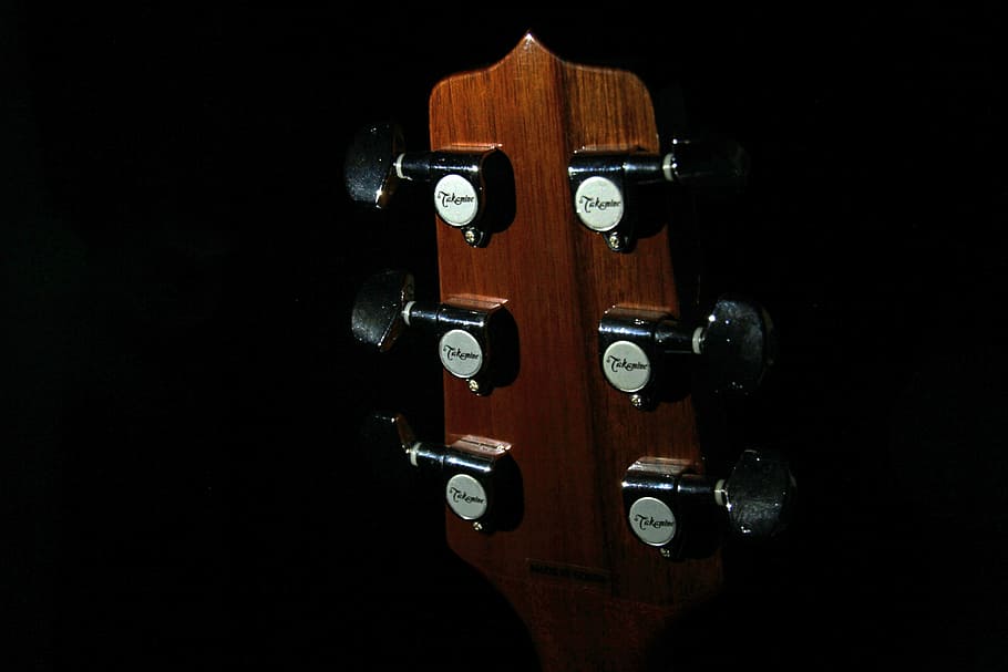 tuners, guitar, head stock, musical, instrument, music, sound, classic, wood, black background