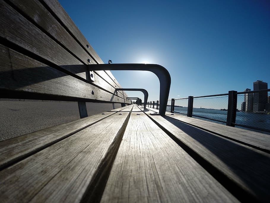 bench, sun, infinite, outside wood, sky, architecture, water, wood - material, built structure, clear sky