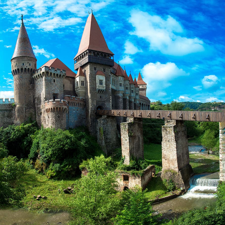 brown, stone castle, bridge, castles, castle iron market, romania, transylvania, mountains, nature, castle bridge