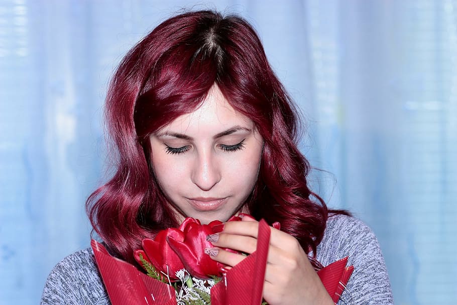menina, tulipas, flores, beleza, 8 de março, buquê, mulheres, bela, vermelho, humano rosto