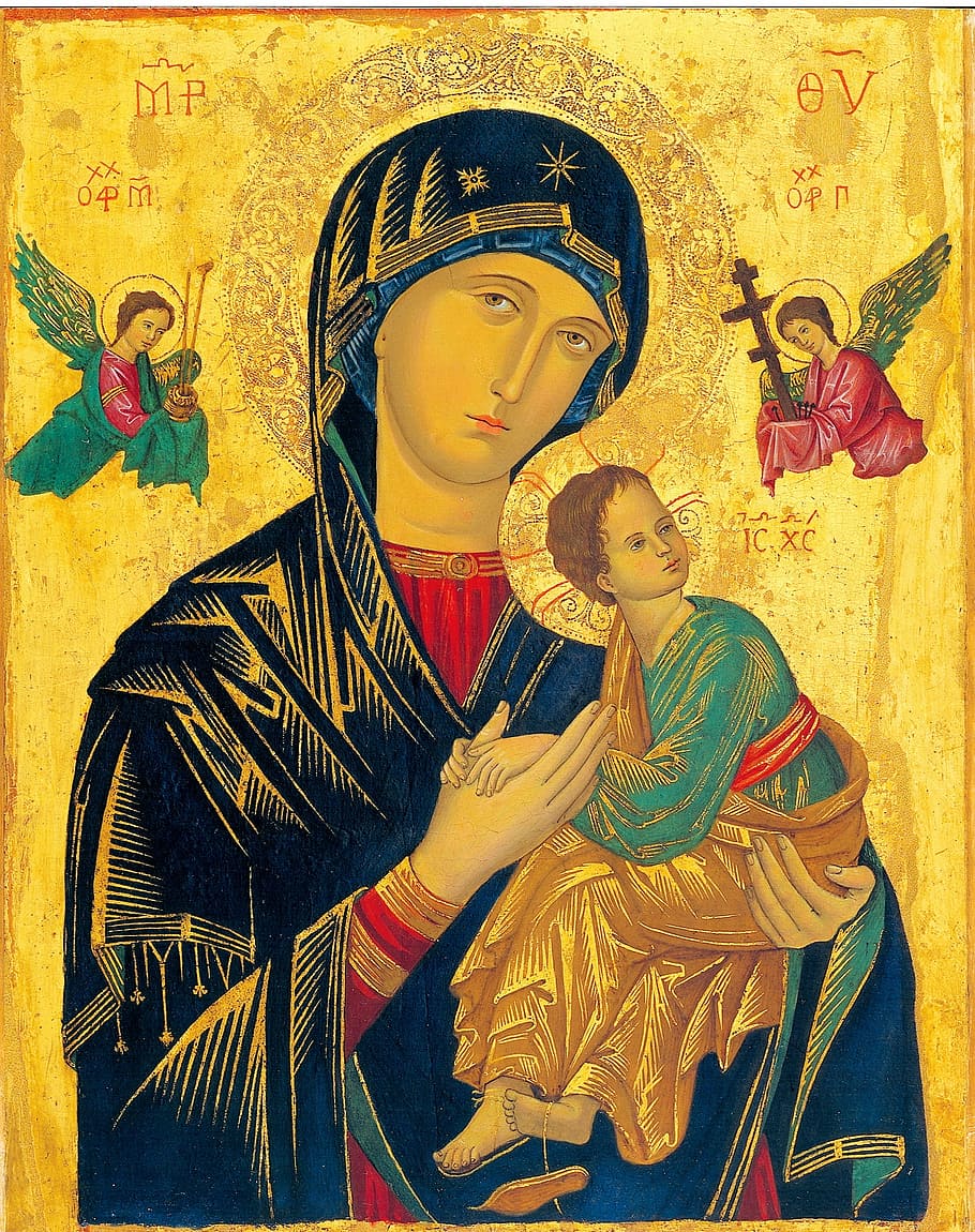 virgin, mary portrait painting, mother of perpetual help, icon, madonna, holy, byzantine, painted image, adult, religion