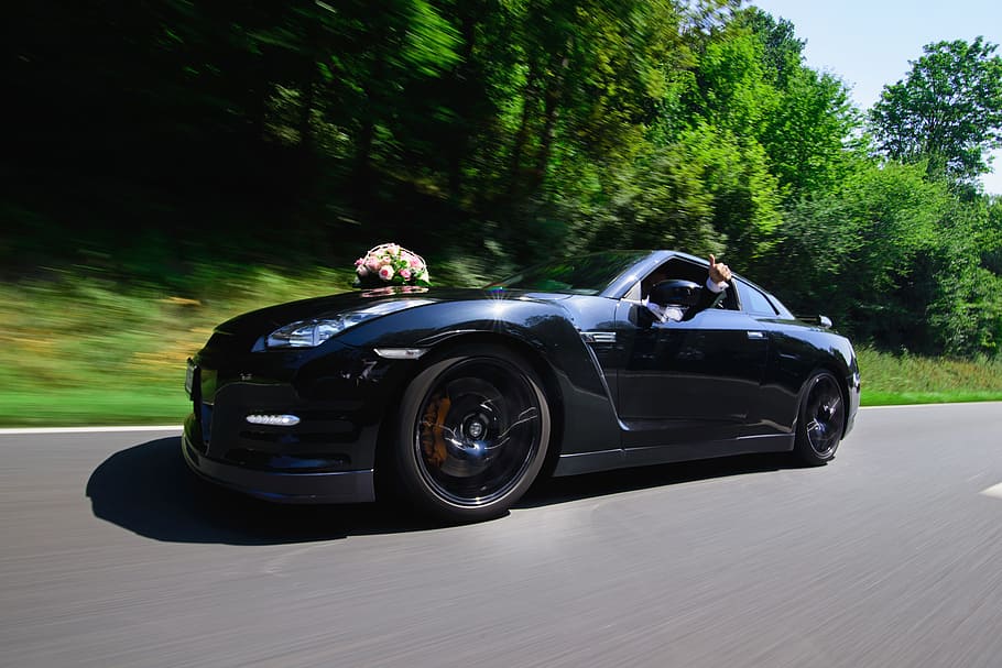 black, coupe, surrounded, trees, wedding, car, modern, power, speed, highway