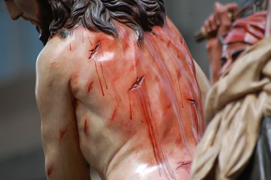 close-up photo, jesus christ figurine, jesus, blood, processions, easter, procession, arrest, penance, sculpture