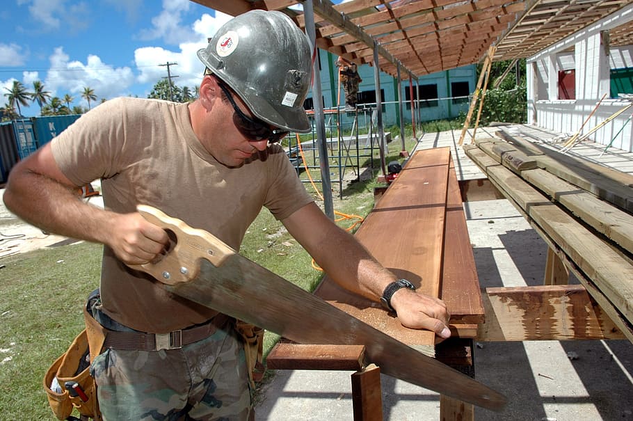 man, holding, wood, saw, worker, construction, building, carpenter, male, job
