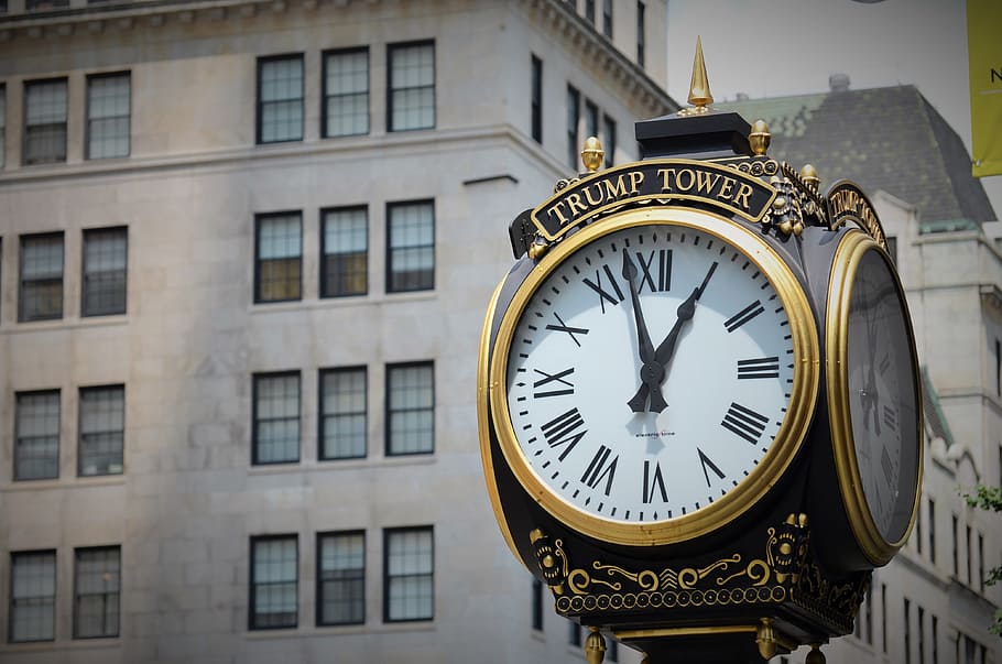 black, white, trump tower clock, front, gray, painted, building, clock, pendulum, time