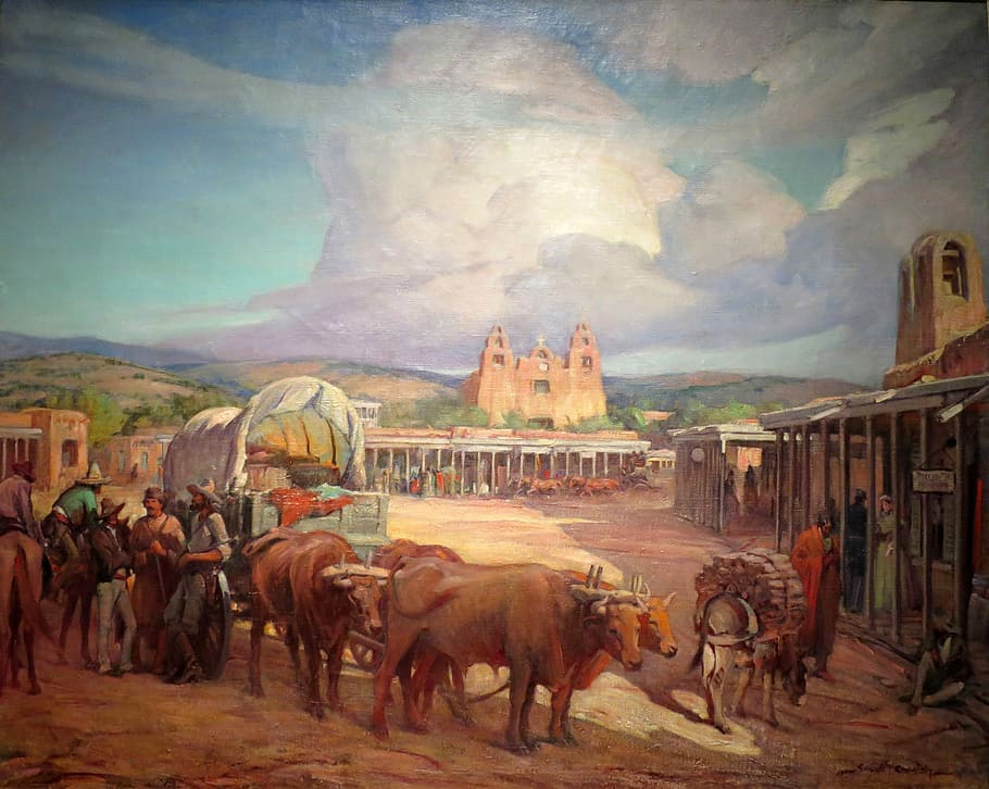 1850, new, mexico, Santa Fe Plaza, New Mexico, photos, painting, plaza, public domain, santa fe