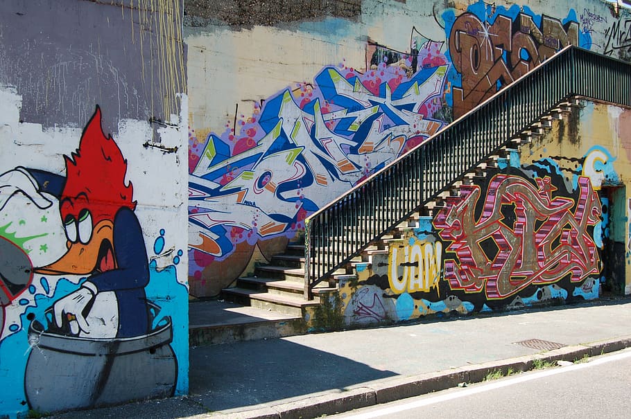 mural, pintura, parede, graffiti, público, arte, colorido, rua, calçada, escadas