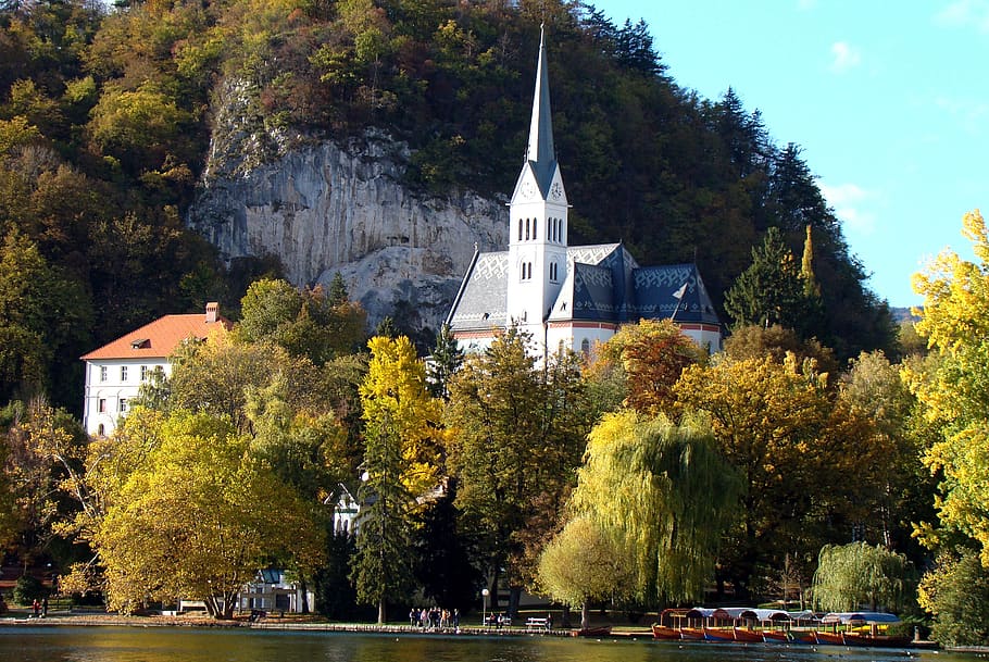tree, church, fall, outdoors, bled, slovenia, plant, architecture, built structure, building exterior
