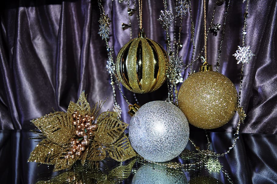 gold, silver bauble decors, balls, new, year, holiday, jewelry, christmas, decoration, sphere