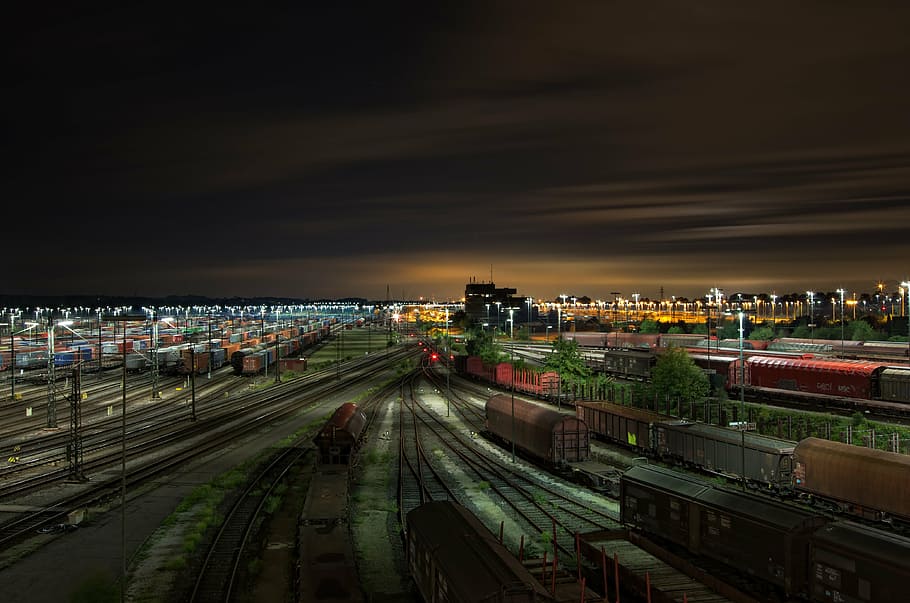 red, black, train rail, night time, railway station, gleise, freight trains, marshalling yard, mesh, lower saxony