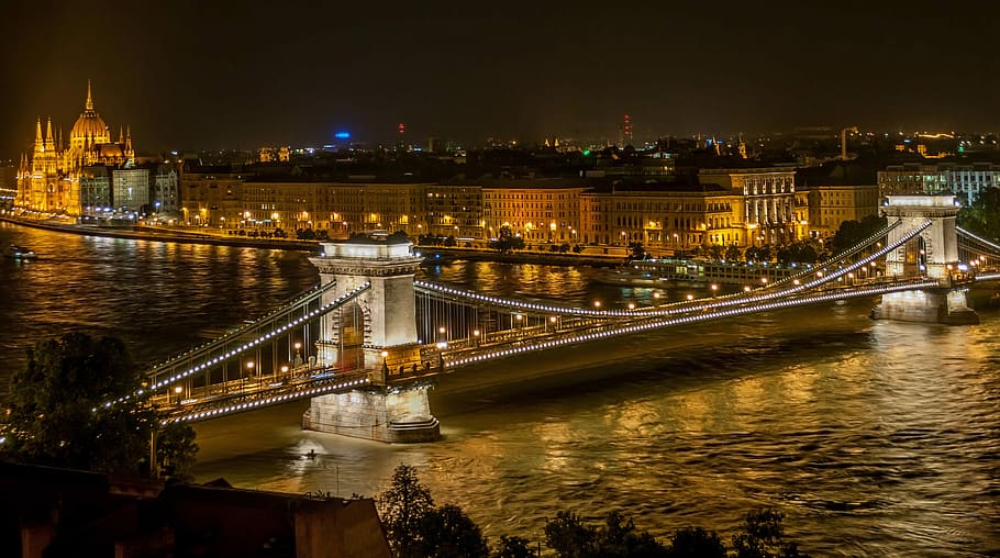 grandioso, vista, Grand view, Széchenyi Chain Bridge, Budapest, Hungría, arquitectura, puente, edificio, paisaje urbano