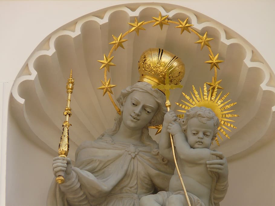 religious, sculptures, wall, angel, holy, gold, crown, halo, scepter, woman