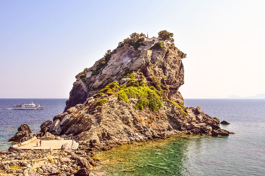 greece, skopelos, kastri, ayios ioannis, rock, coast, nature, scenery, church, religion