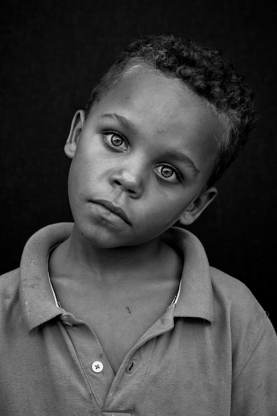 boy, collared, shirt, people, portrait, child, poverty, male, black and white, looking