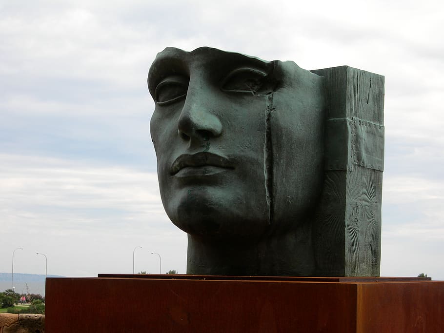 human face sculpture, monument, head, scar, sculpture, balearic, mediterranean, spain, mallorca, statue