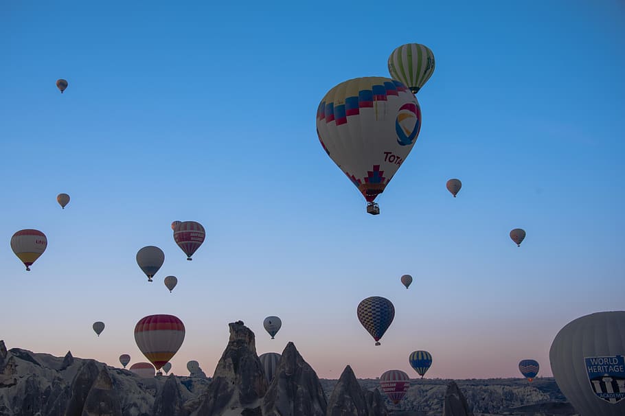 Turquía, Capadocia, globo aerostático, paisaje, globo, antena, Anatolia, vehículo aéreo, cielo, transporte