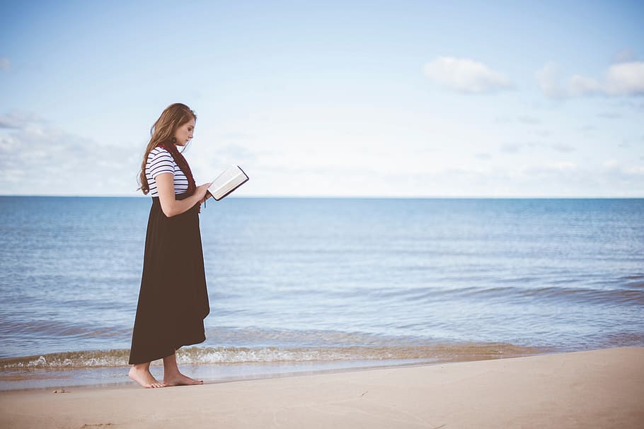 woman reading, book, standing, beach sand, daytime, people, girl, beauty, alone, reading