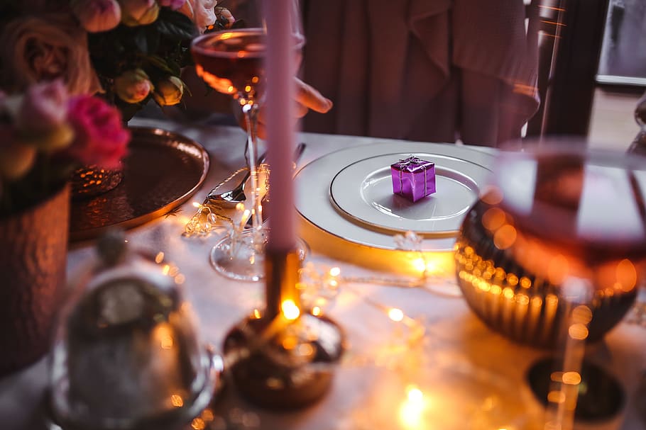 mesa, decoraciones, juego de mesa, rosa, fiesta, glamour, navidad, enfoque selectivo, en interiores, vidrio