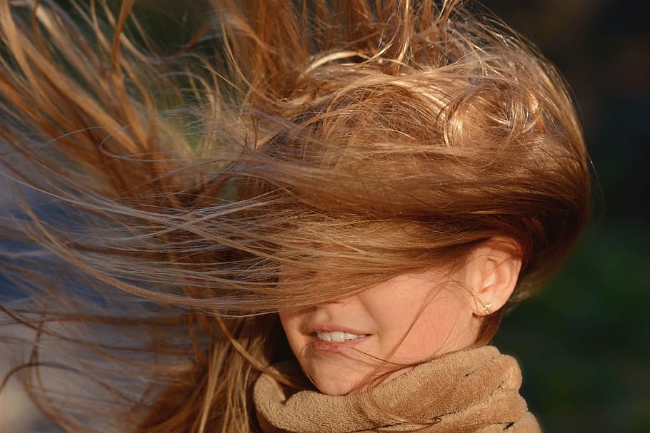 portrait photograph, woman, hair, face, person, human, female, girl, hair flying, wind